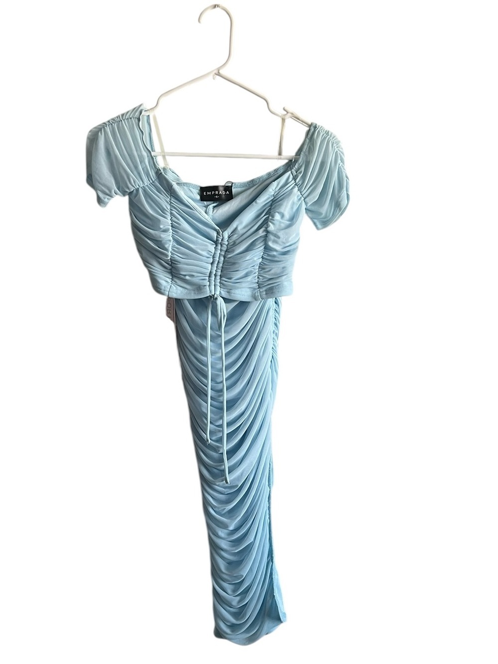 Emprada Two Piece Crop Blouse And Skirt Set Baby Blue Ruching Throughput — image 2 of 6